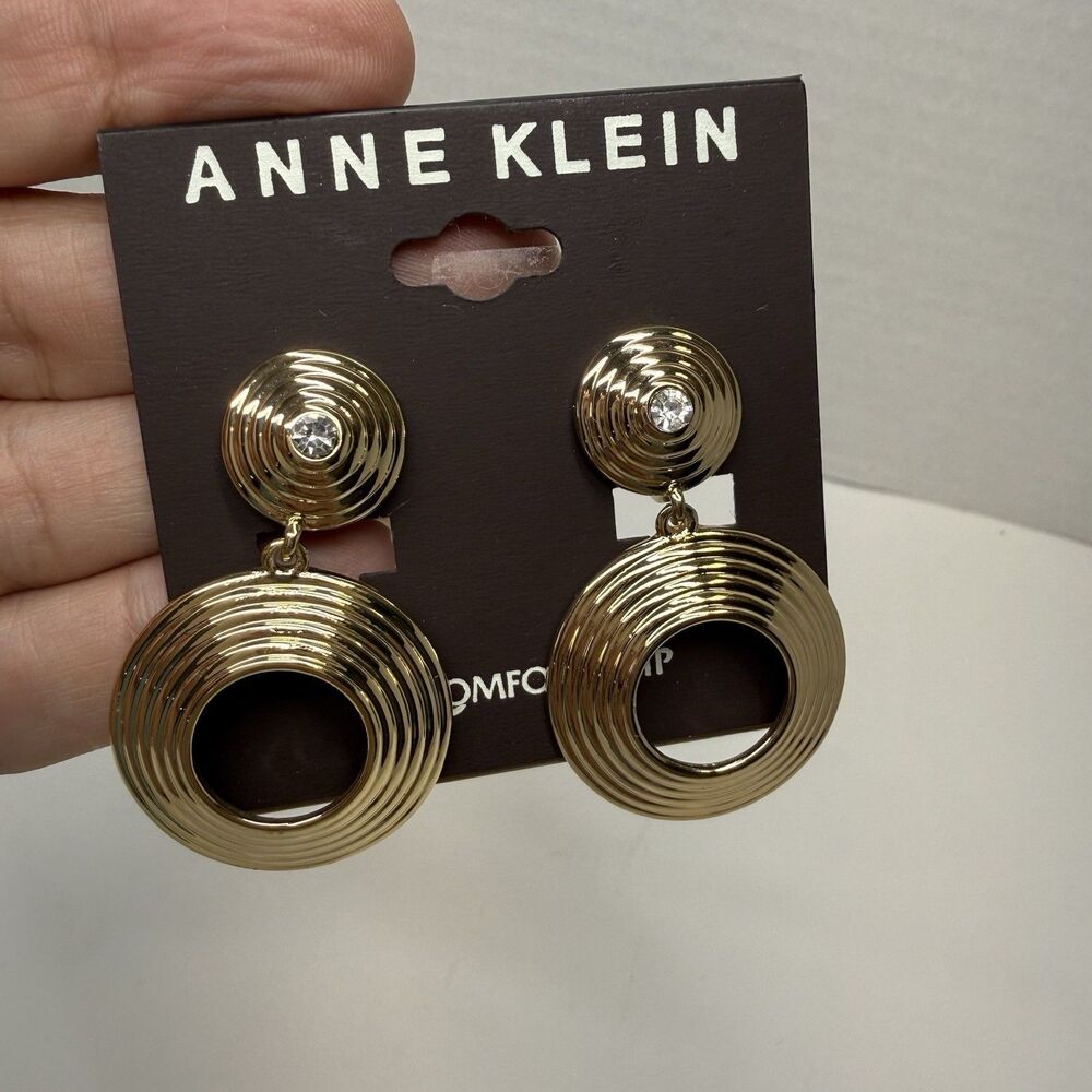 Anne Klein Round Forward Textured Hoop Gold Tone Dangle Clip Earrings New